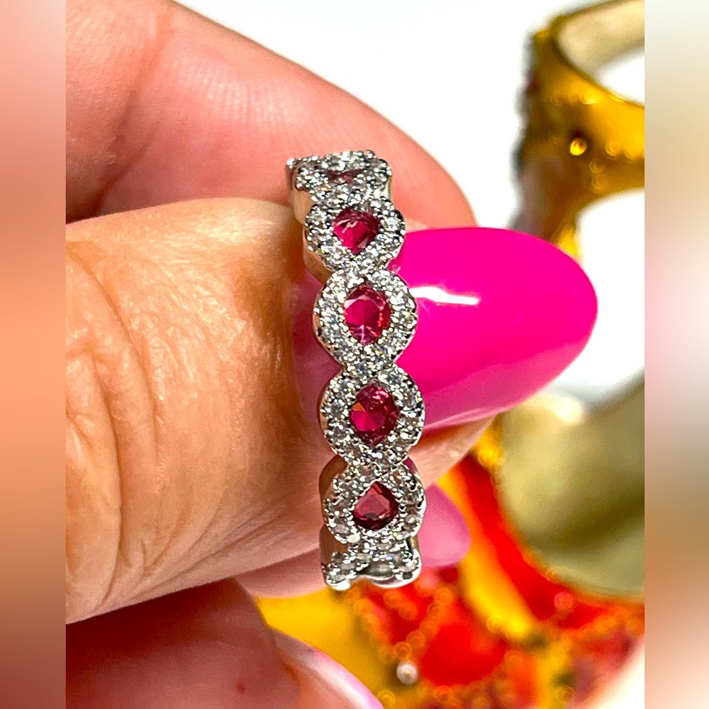 Ruby red sterling  ring -half eternity band